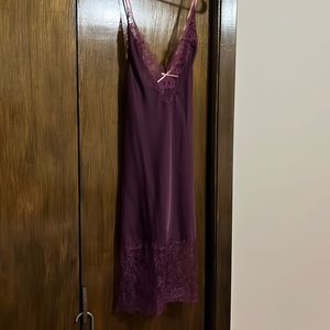 Lace Trim Satin Slip Dress in Deep Plum
